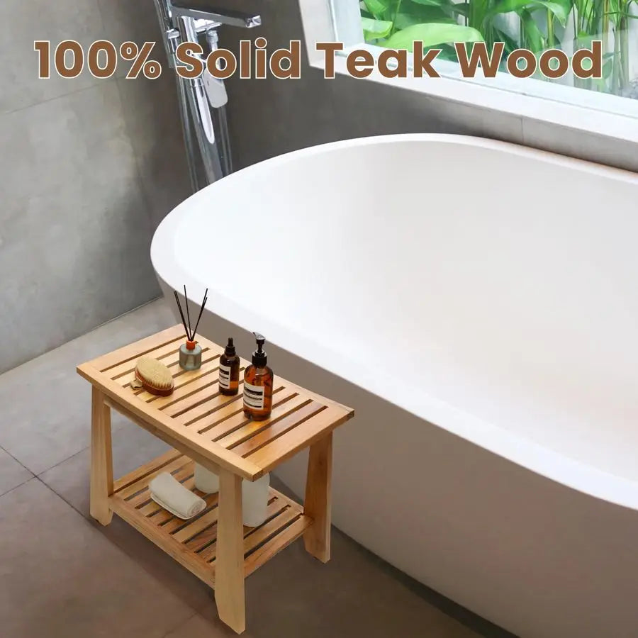Shower Bench Stool, 21 Waterproof Wood Spa Bath Bench with Storage Shelf, NonSlip Solid Teak Shower Seat Chair for Bathroom Ins