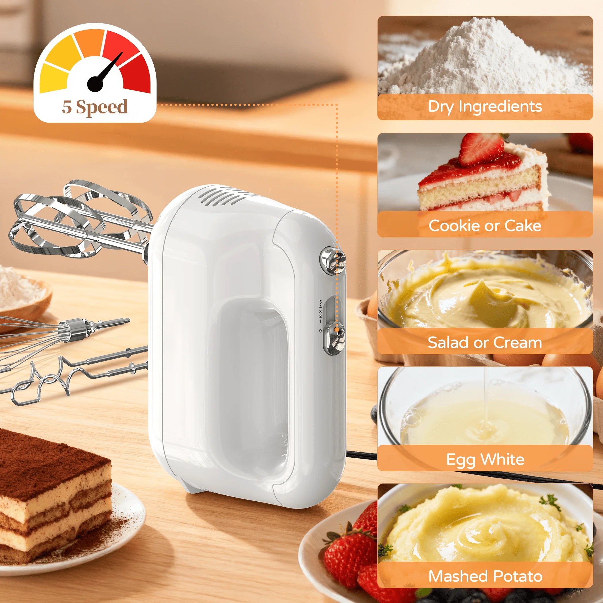 Egg Beater Mixer, Electric Portable 5-Speed Handheld w/ Dough Hooks