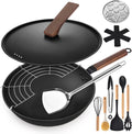 Wok Set w/ Lid & Utensils, 13'' Steel Non-stick Flat Bottom
