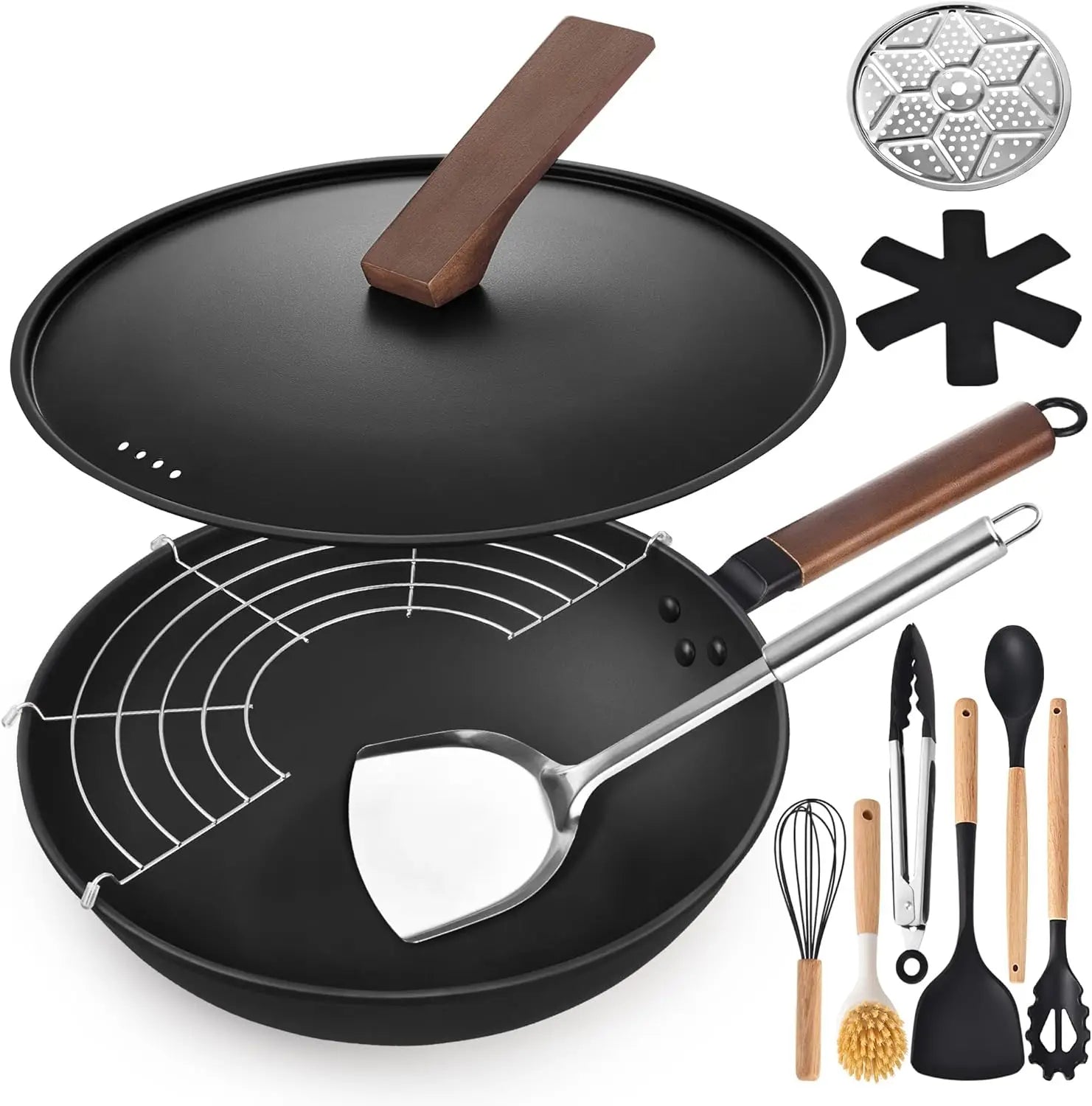 Wok Set w/ Lid & Utensils, 13'' Steel Non-stick Flat Bottom