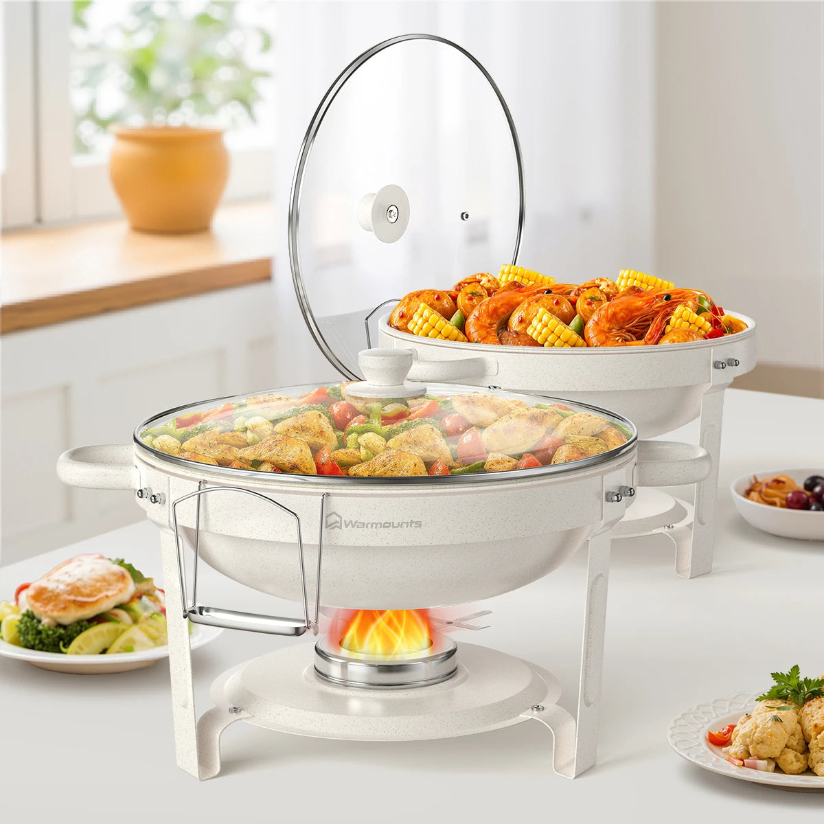 5QT 2Pack  4Pack  Fully Coated Round Chafing Dishes Buffet Set with Glass Lid White Style Chafer Water Pan
