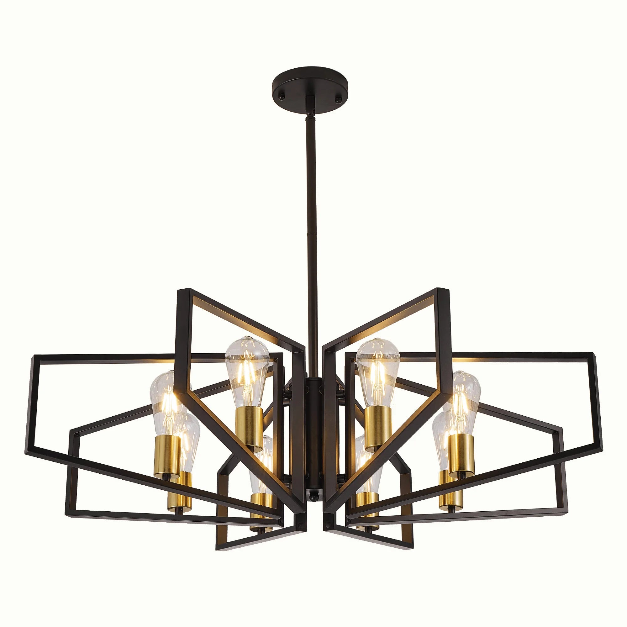 Modern 8-Light Geometric Chandelier Adjustable Height Metal Pendant Light with Black Frame & Golden Accents Ceiling Light Decor