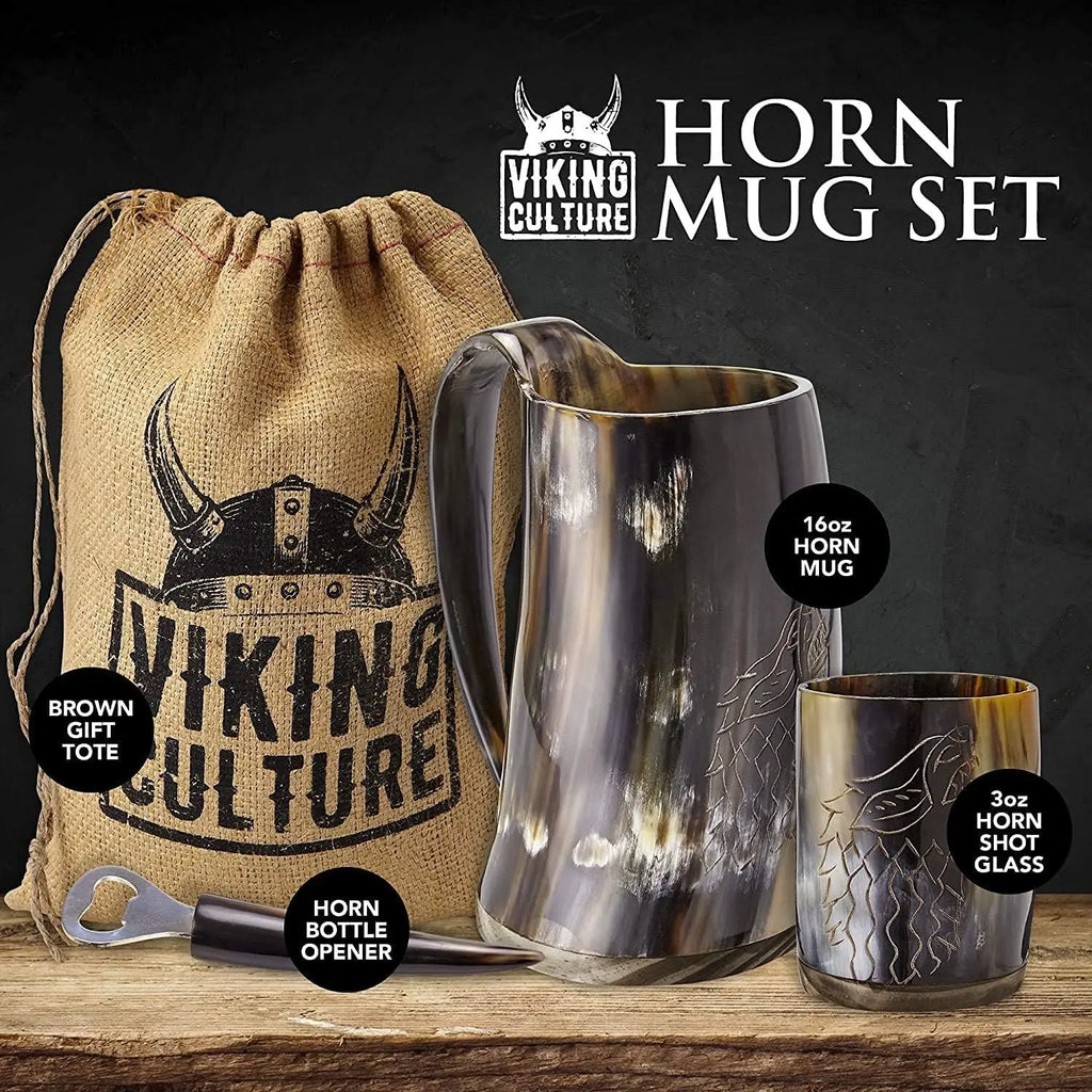 Ox Horn Tankard w/ Shot Glass, 16oz Bottle Opener & Gift Bag