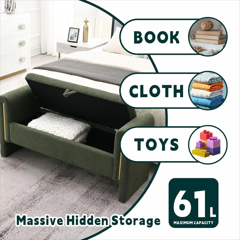 Modern 52" Storage Ottoman Bench, Upholstered End of Bed Storage Bench with Armrests, Entryway Bench, Teddy Foot, Customized