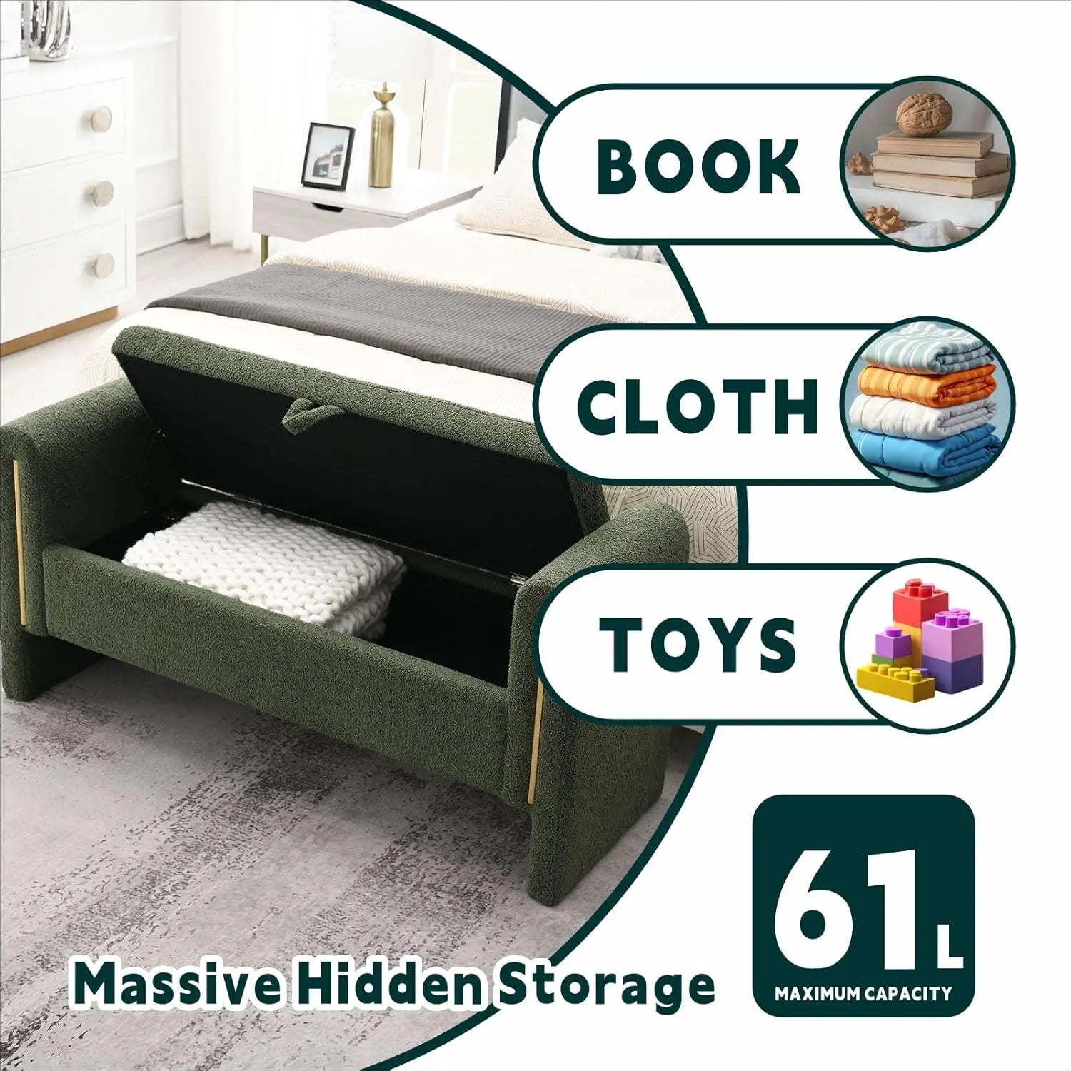 Modern 52" Storage Ottoman Bench, Upholstered End of Bed Storage Bench with Armrests, Entryway Bench, Teddy Foot, Customized