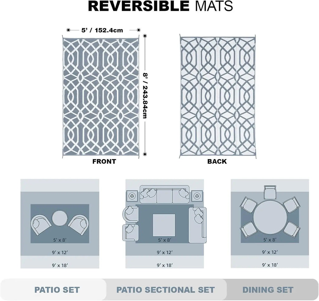 5x8ft Waterproof Reversible Outdoor Rug, Ideal for Patio Deck Pool Camping Beach Picnic in Grey