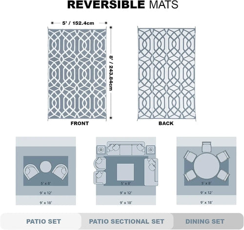 5x8ft Waterproof Reversible Outdoor Rug, Ideal for Patio Deck Pool Camping Beach Picnic in Grey