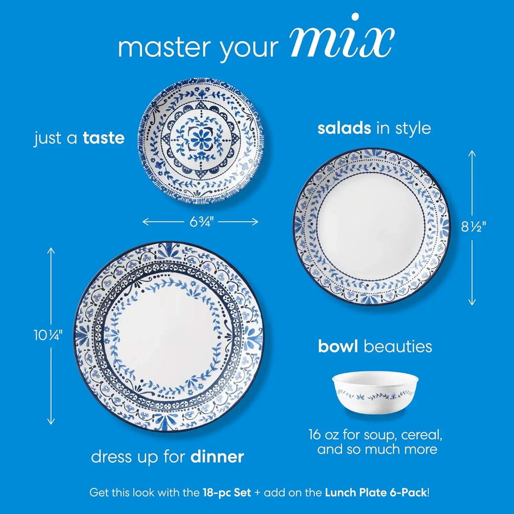 Vitrelle 18-Piece Service for 6 Dinnerware Set, Triple Layer Glass and Chip Resistant, Lightweight Round Plates and Bowls