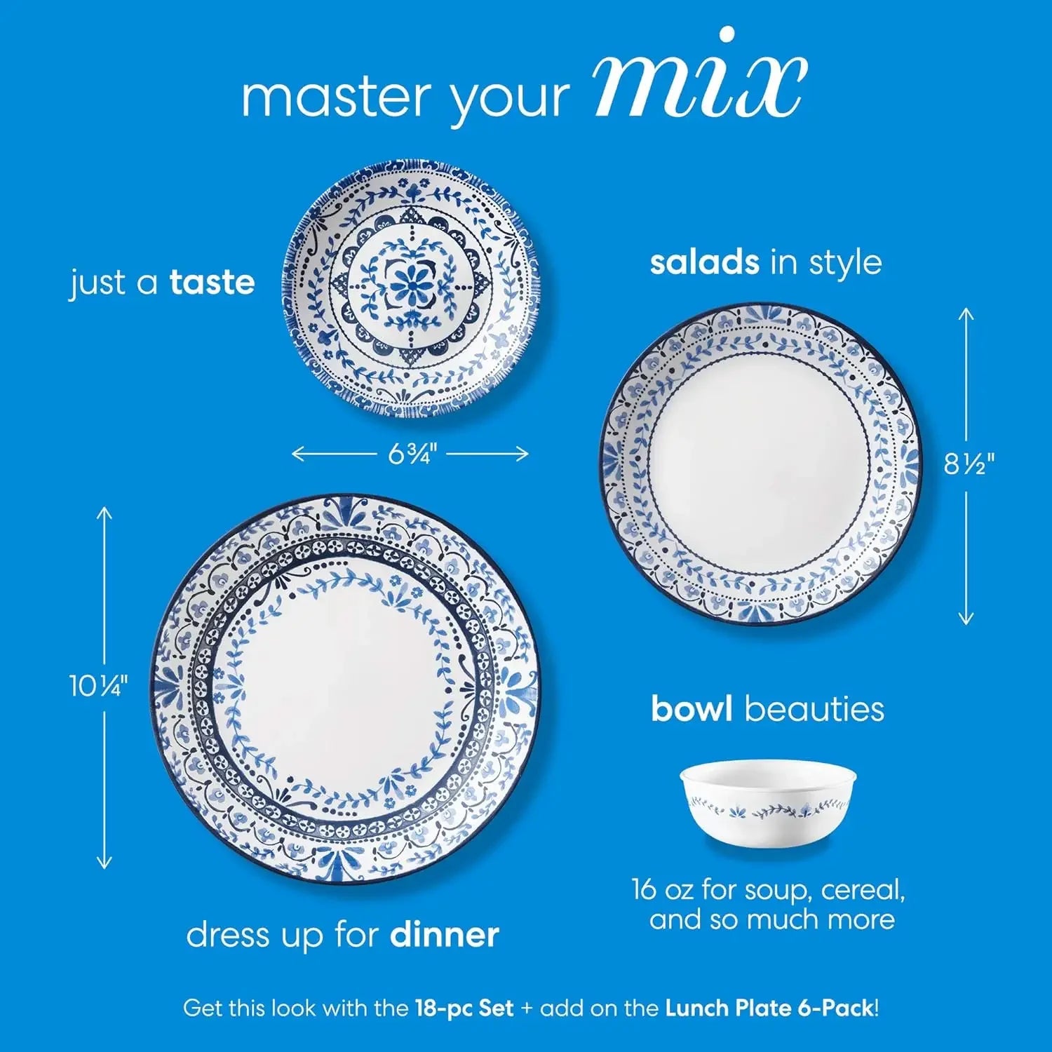 Vitrelle 18-Piece Service for 6 Dinnerware Set, Triple Layer Glass and Chip Resistant, Lightweight Round Plates and Bowls