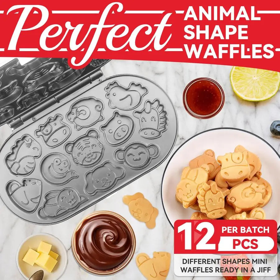 Mini Waffle Maker for Kids, Mini Pancakes Maker Machine with 12 Different Animal Pancake Molds, Small Waffle Maker Iron, Excelle