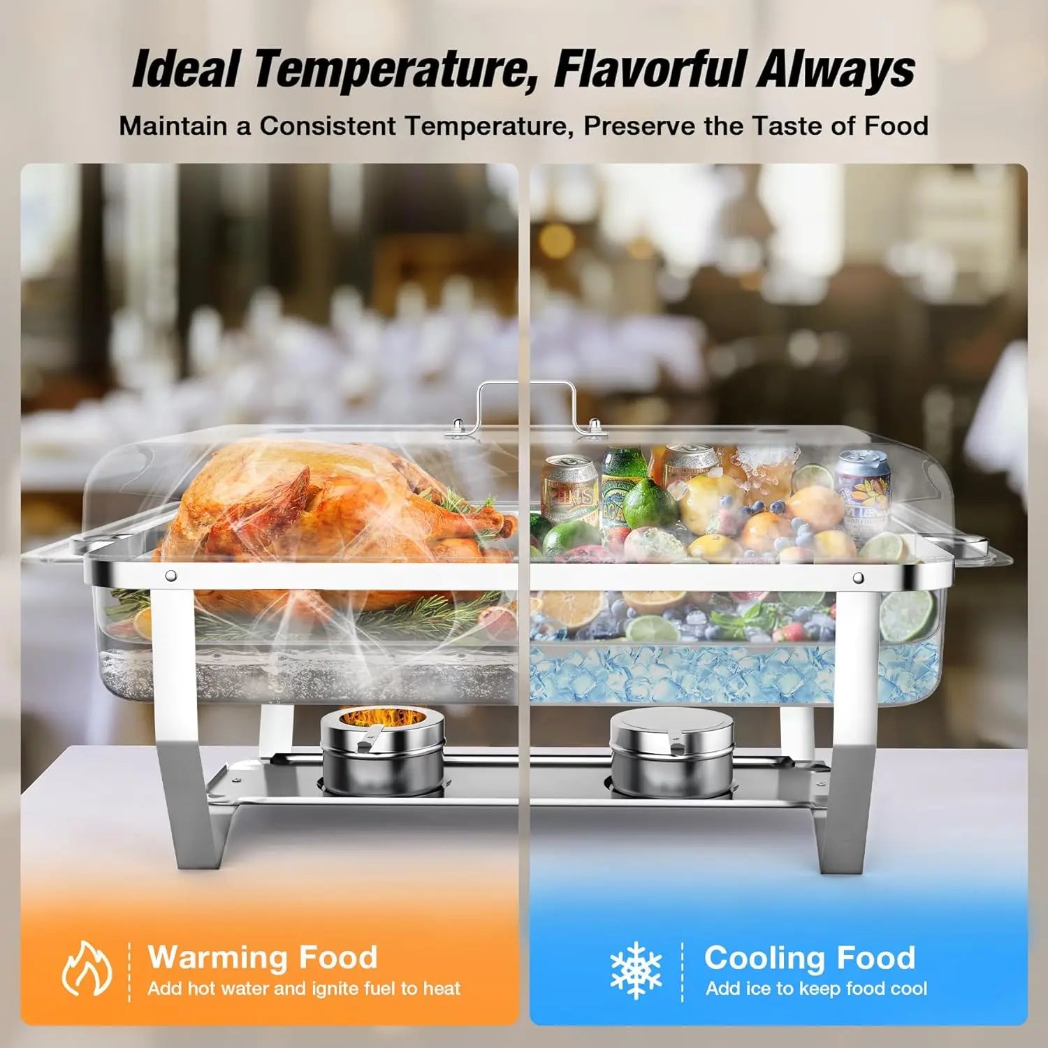 Warmounts 8QT 2/4/6/8 Pack Grid Pans Rectangle Chafing Dish Food-Grade Stainless Steel Catering Buffet Food Meal Plates