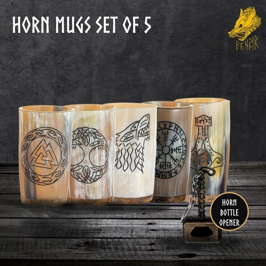 Viking Drinking Horn Mug Set of 5 Gifts for Men, Dad, Husband Unique Viking Gift Natural Ox Horn Cup with Thor Bottle Opener For