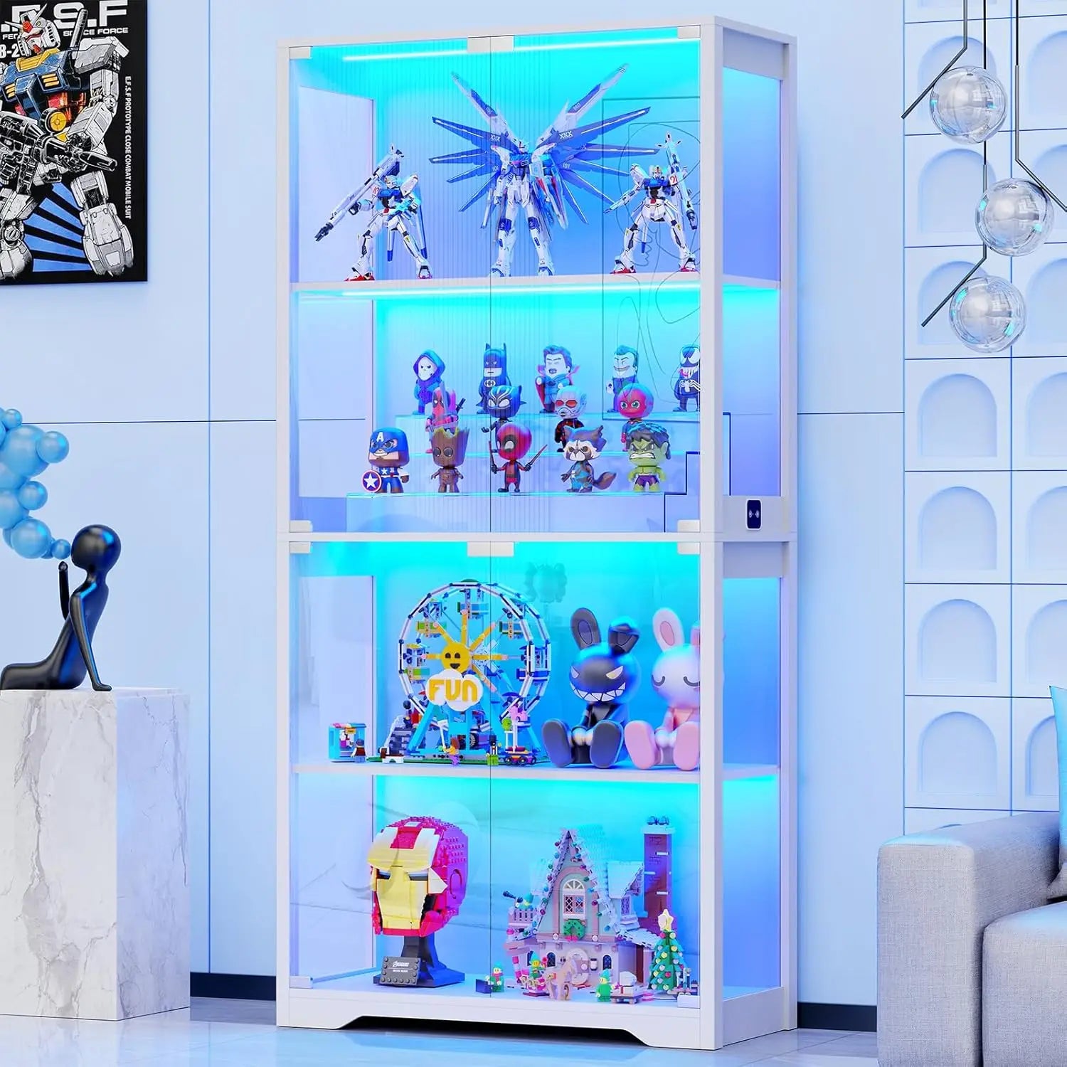 Display Cabinet with Glass Doors, 4-Tier Curio Cabinet with 3 Color Lights for Collectibles, Glass Display Case, Customized