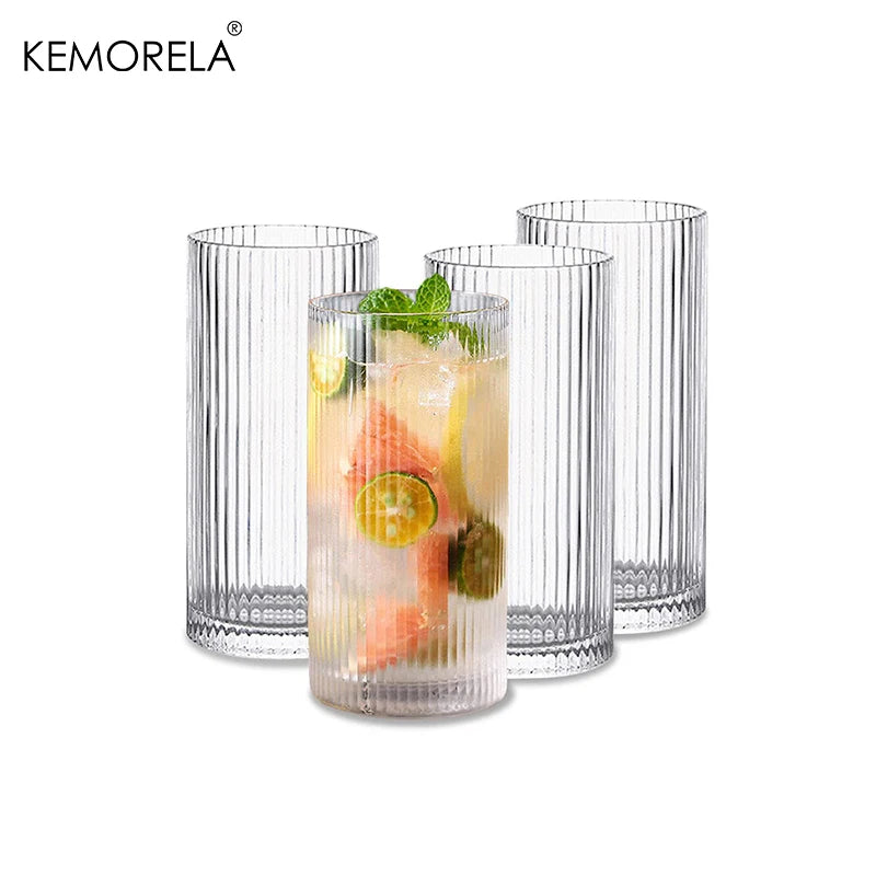 Glasses, Set of 4 Ribbed Vintage Clear Juice Cocktail Iced Coffee