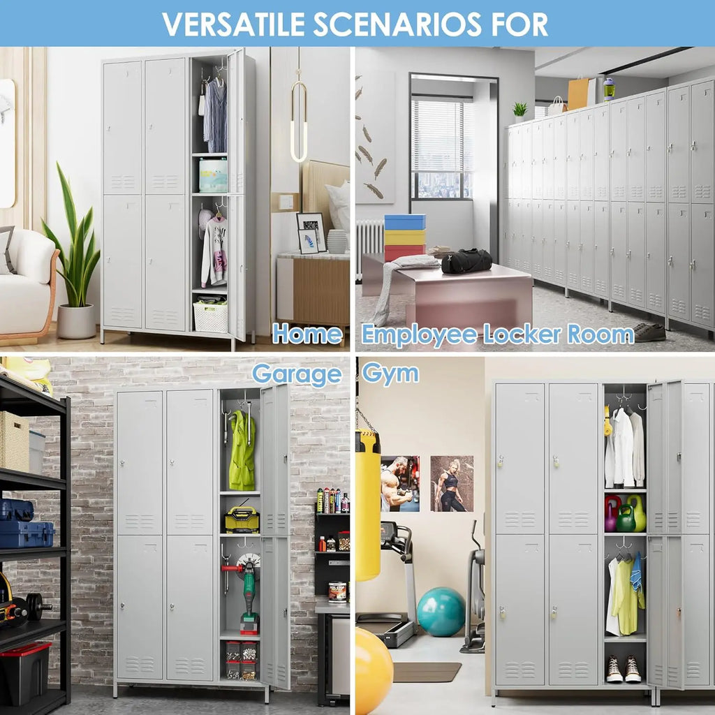 6 metal employee storage cabinets, equipped with 12 hooks, suitable for schools, gyms, bedrooms. Available in three colors.