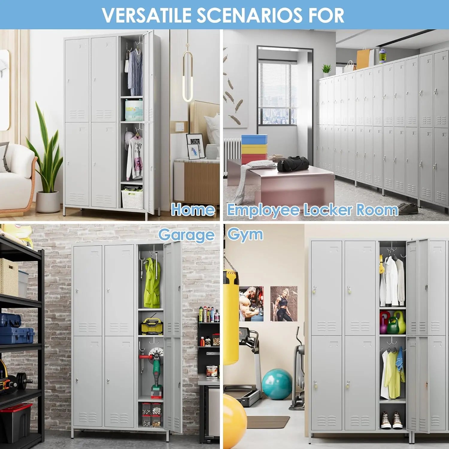 6 metal employee storage cabinets, equipped with 12 hooks, suitable for schools, gyms, bedrooms. Available in three colors.