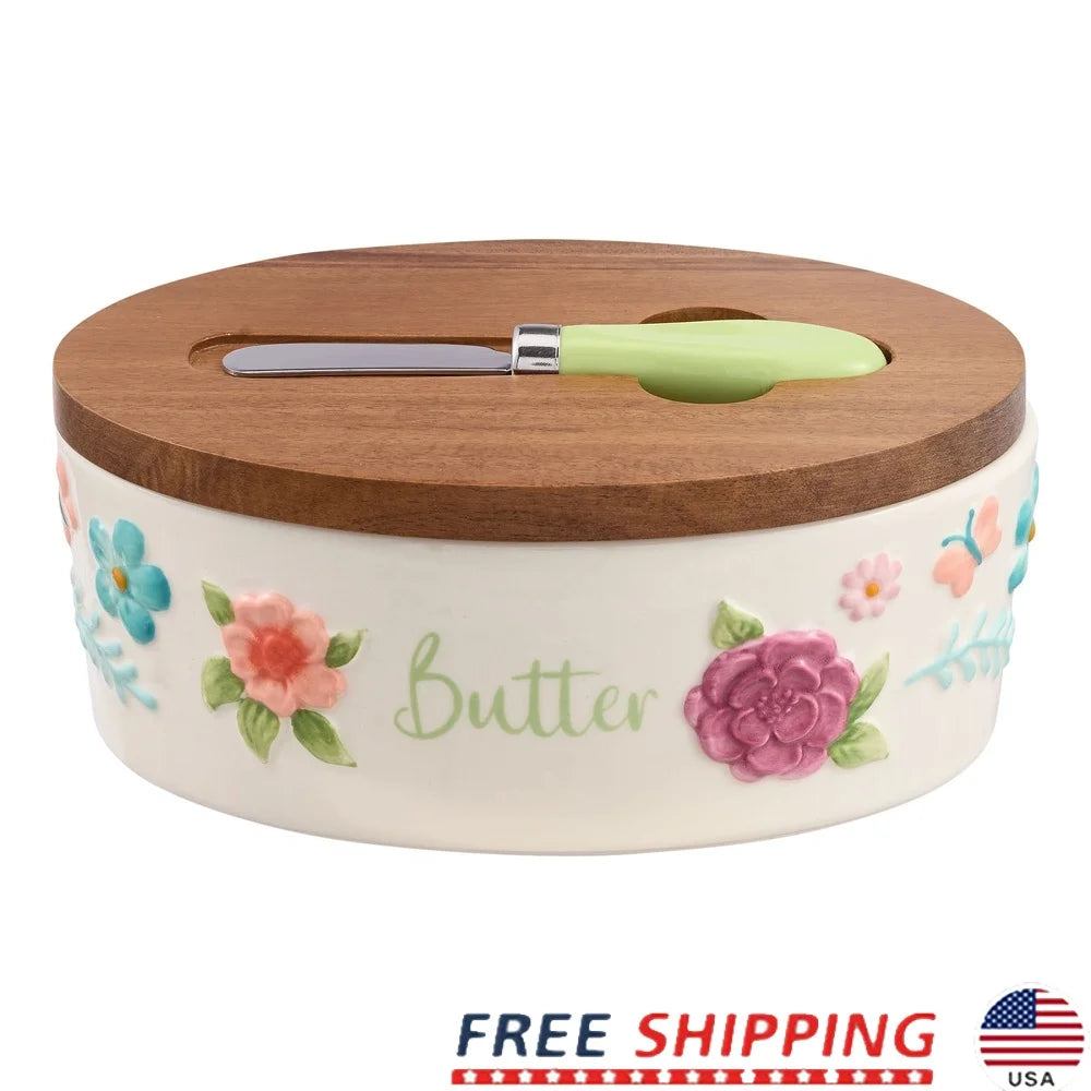 Butter Dish Set w/ Acacia Lid & Knife Painted Ceramic