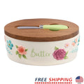 Butter Dish Set w/ Acacia Lid & Knife Painted Ceramic