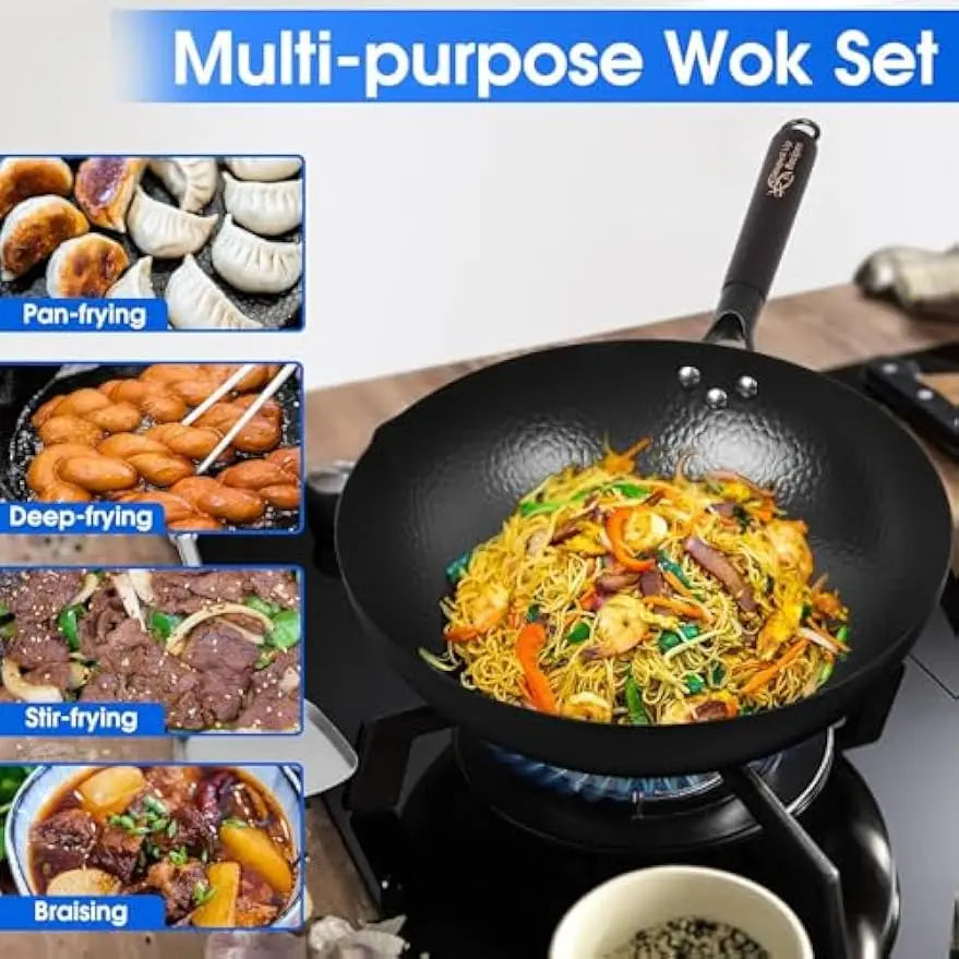 Wok w/  Wood Lid & Utensil, 12.5 In Steel for Electric, Induction