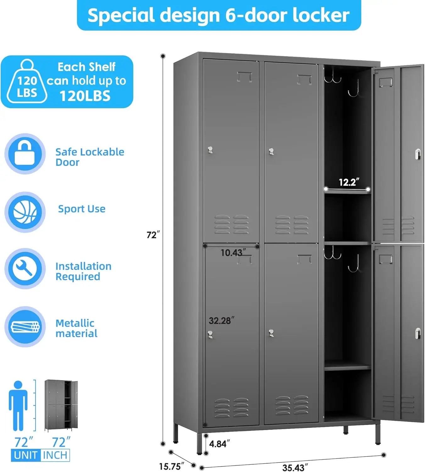 6 metal employee storage cabinets, equipped with 12 hooks, suitable for schools, gyms, bedrooms. Available in three colors.