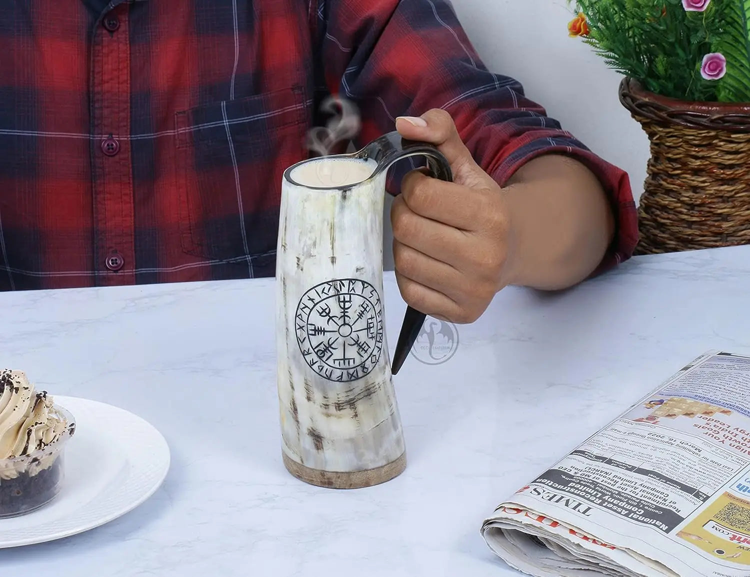 Mug w/ Real Ox Horn, 12oz Viking Engraved Finish for Hot&Cold