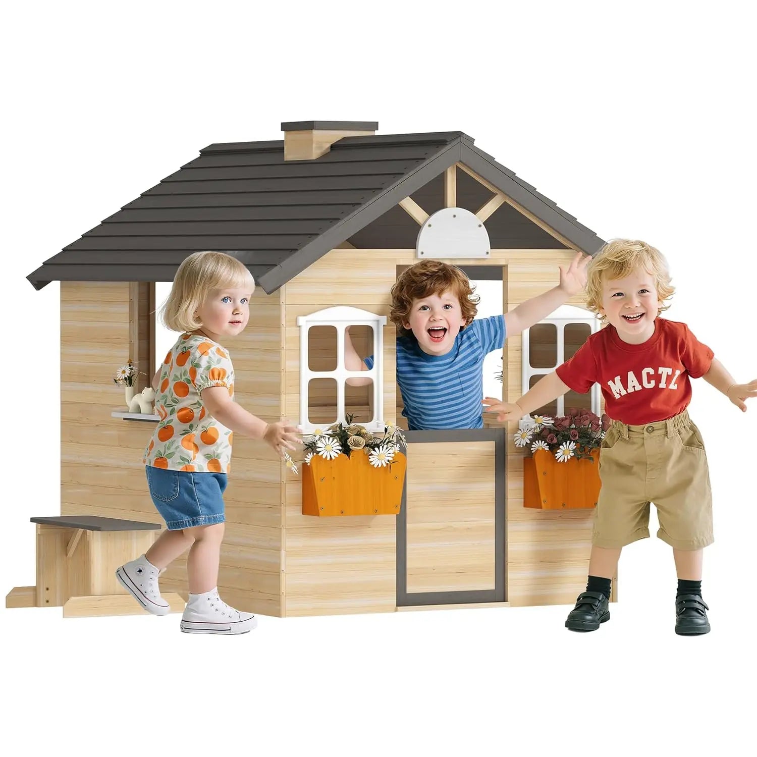 Wooden Playhouse for Kids Outdoor Garden Pretend Play Games, Adventures Cottage, with Working Door, Windows, Bench,, Customized
