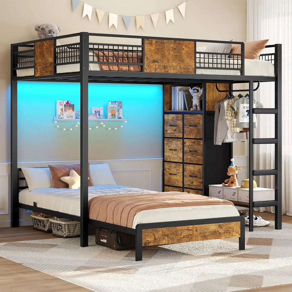 Bunk Bed Twin Over Twin Size with 8 Storage Drawers, Twin Bunk Beds with Led Lights & Storage Shelves, Metal Loft Bed , Black