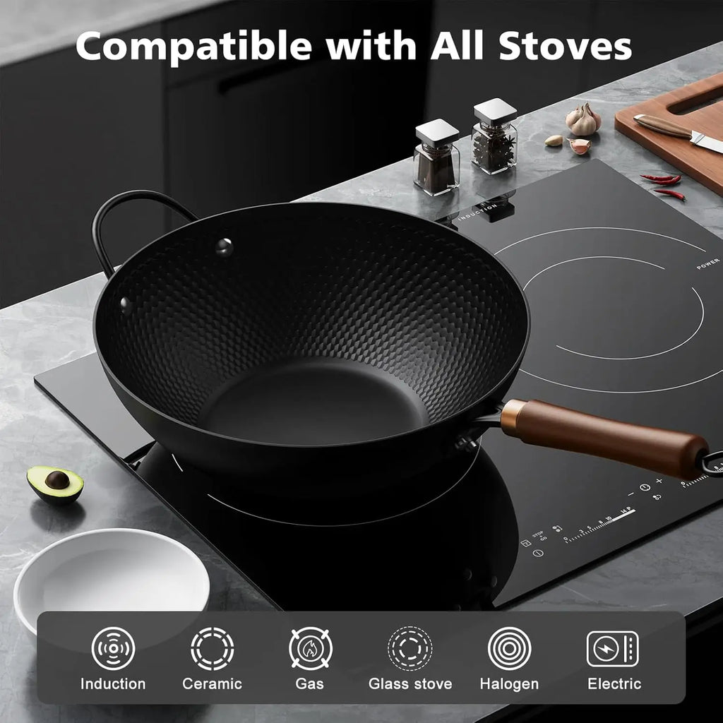Wok Pan w/ Glass Lid, 13-In Steel Non-stick Induction Compatible