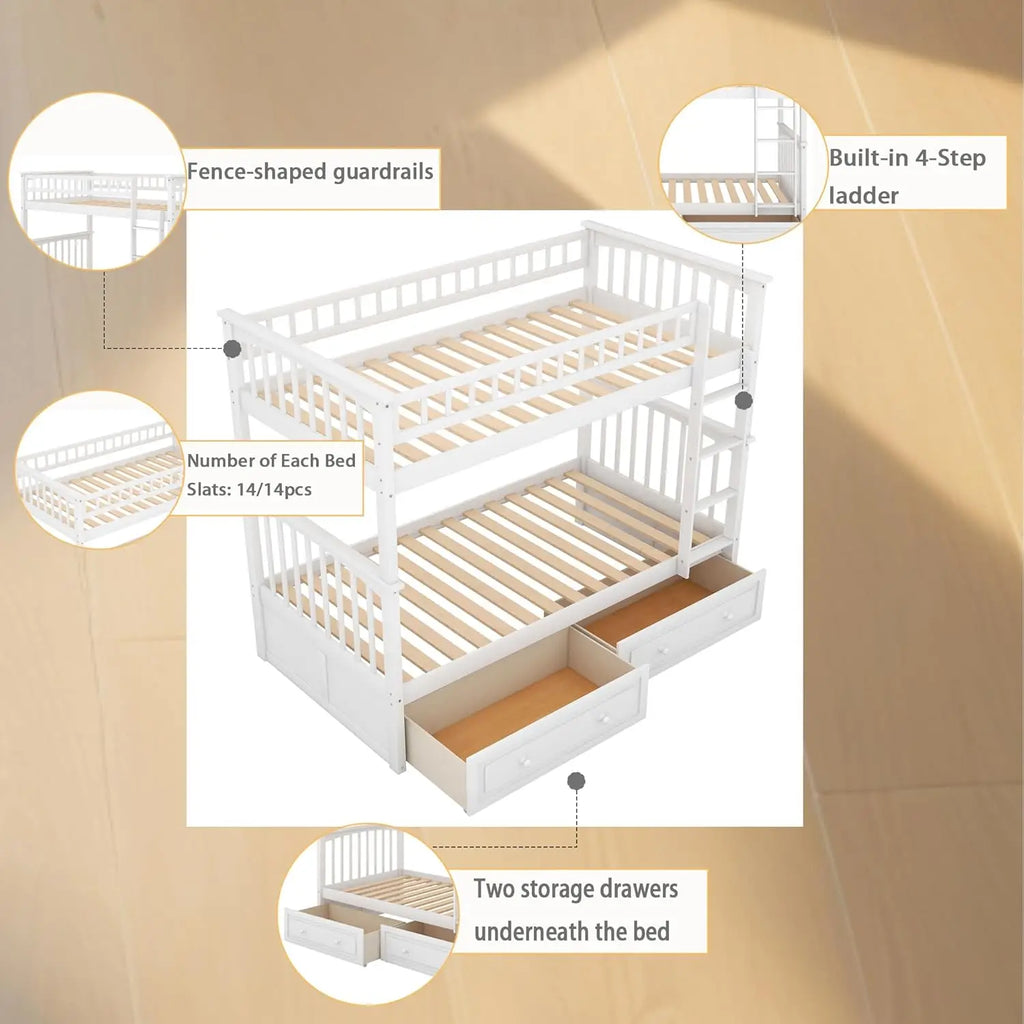 Convertible Twin Bunk Bed with Storage Drawers & Ladder Separates into Two Daybeds Wood Frame White Customized