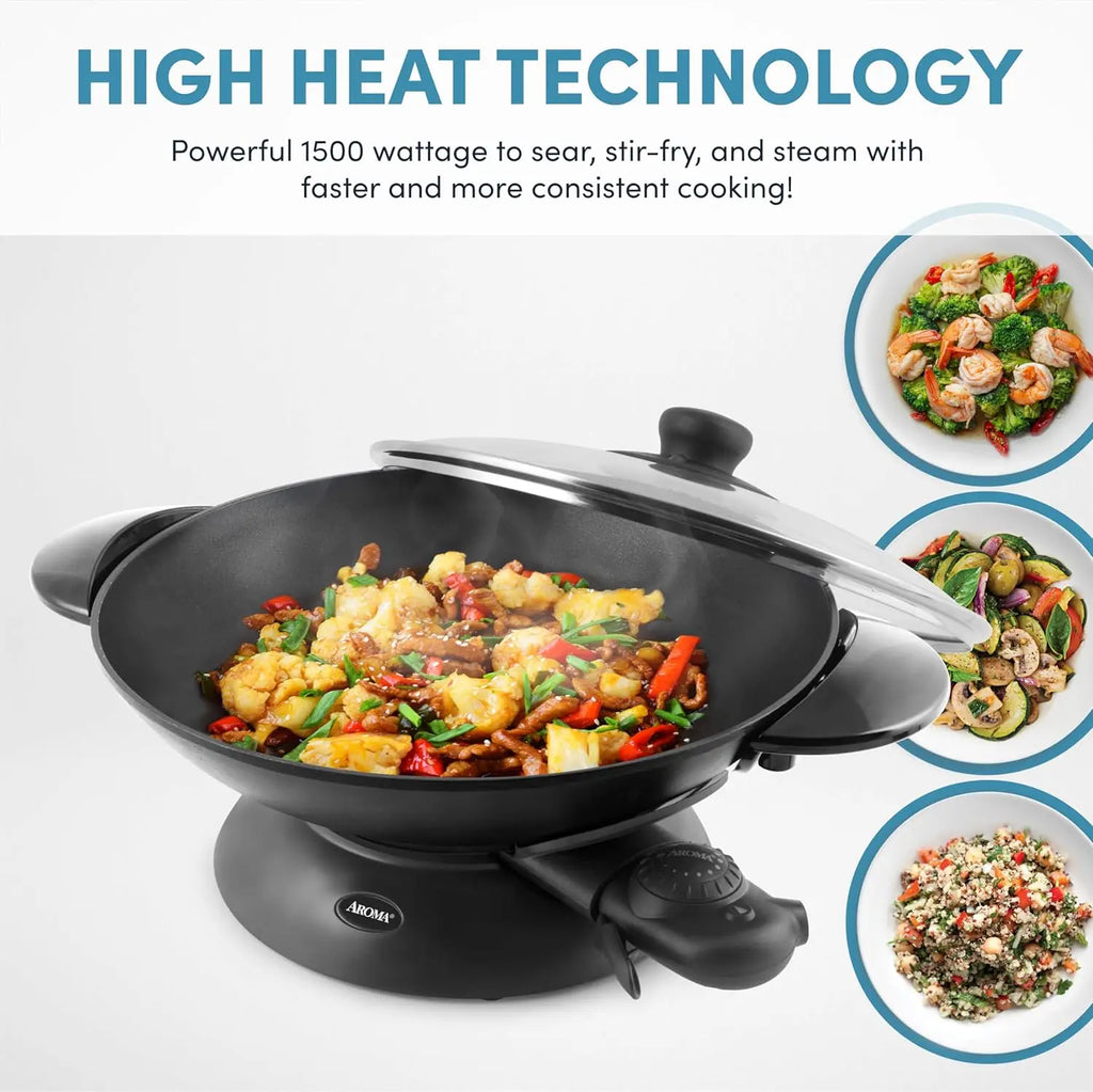 Wok w/ Glass Lid & Accessories, Electric Non-stick, Black