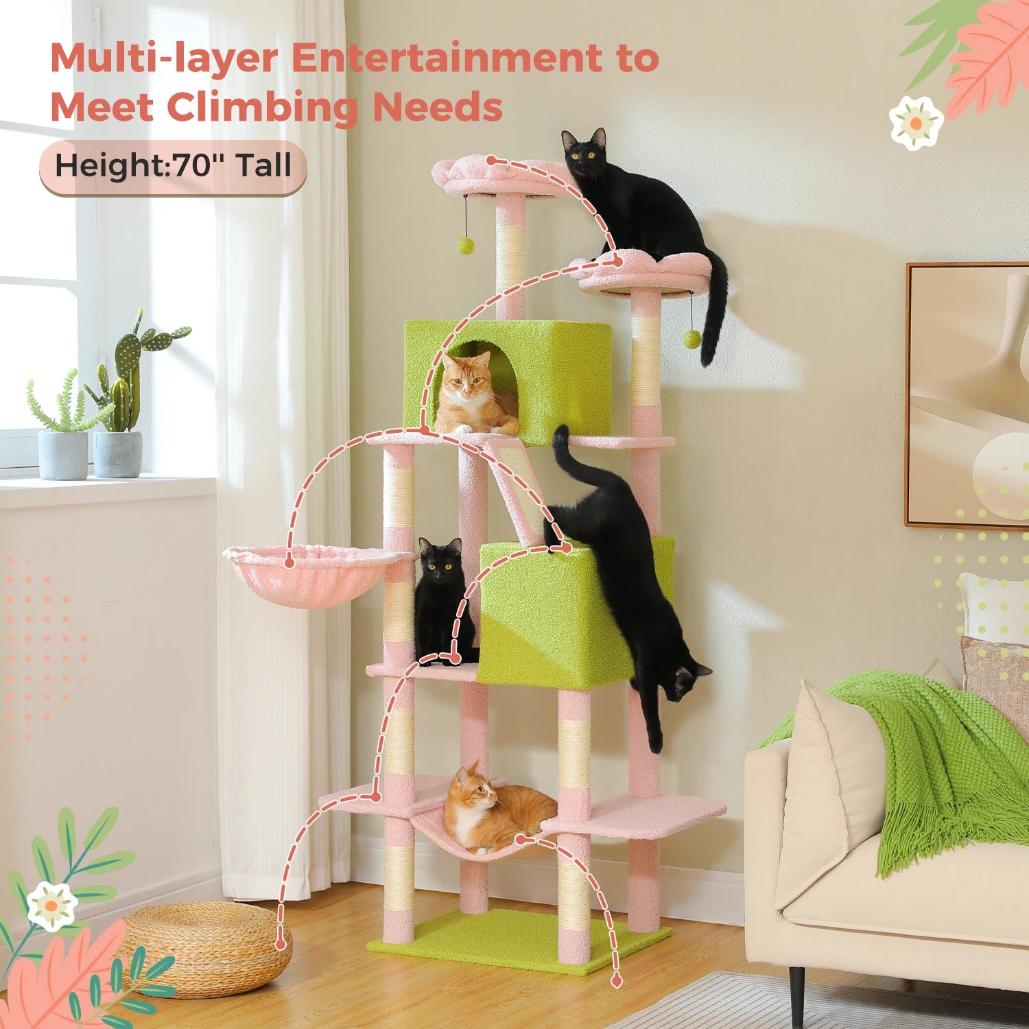 Tall Cat Tree with Scratching Posts Cozy Hammock Top Perch Multi-Level Large Cat Tower Spacious Cat Condo for Indoor Cat Toys