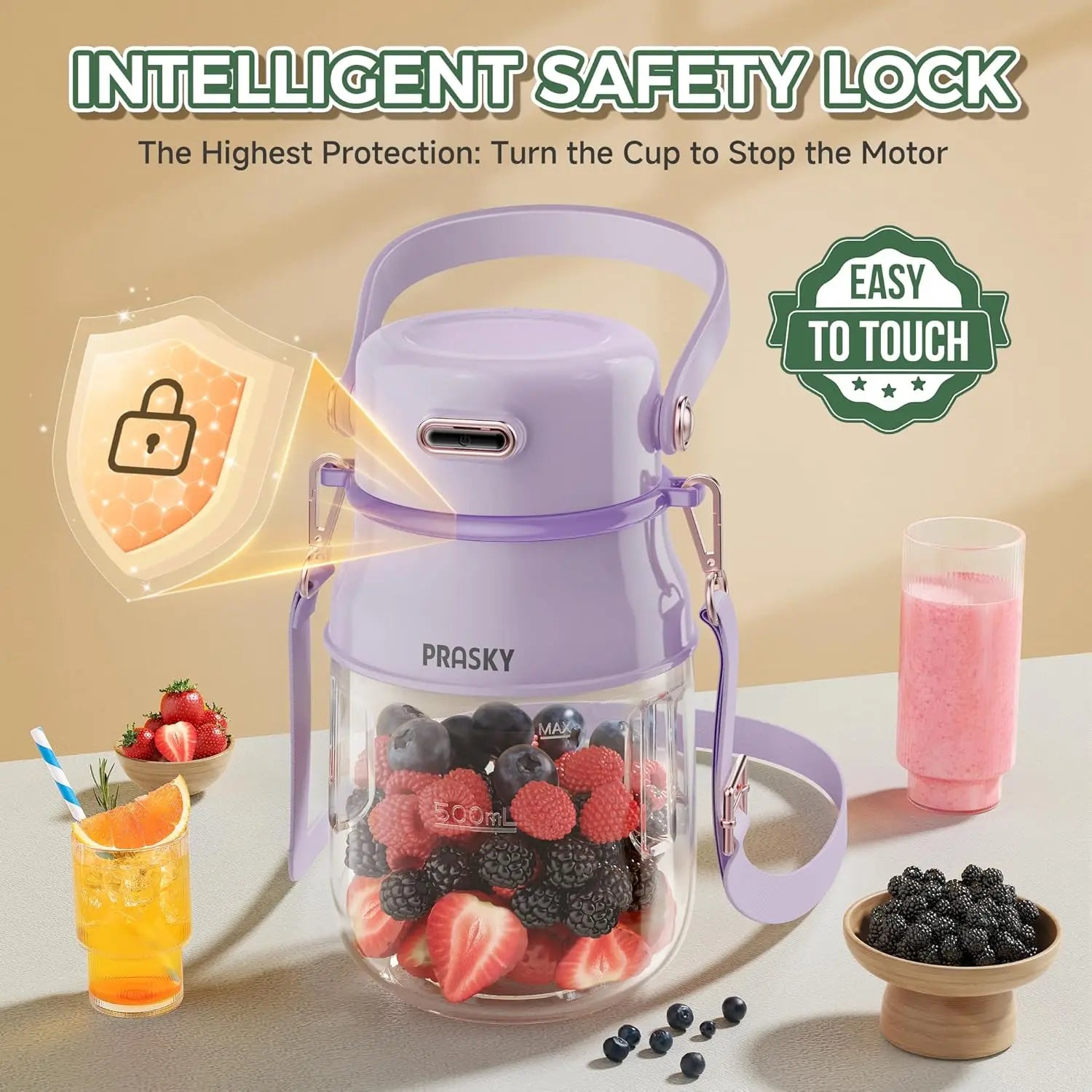 Blender w/ Lid & Strap, 27oz USB-C Rechargeable Smoothie BPA-Free, Purple