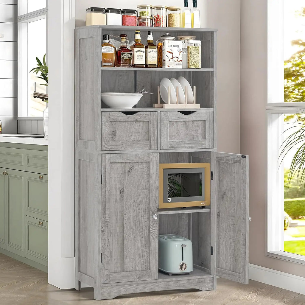 Tall Storage Cabinet with 2 Drawers, Adjustable Shelf, and Doors for Bathroom, Kitchen, Living Room - Grey