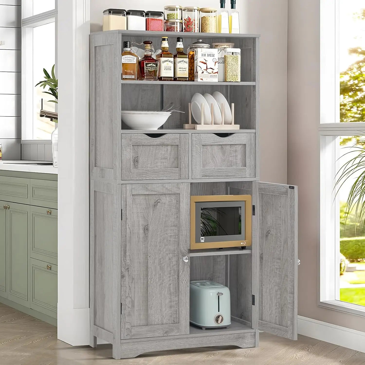 Tall Storage Cabinet with 2 Drawers, Adjustable Shelf, and Doors for Bathroom, Kitchen, Living Room - Grey