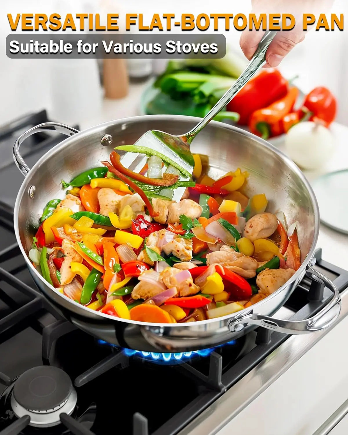 Wok w/ Glass Lid, 12-inch Stainless Steel Induction Compatible