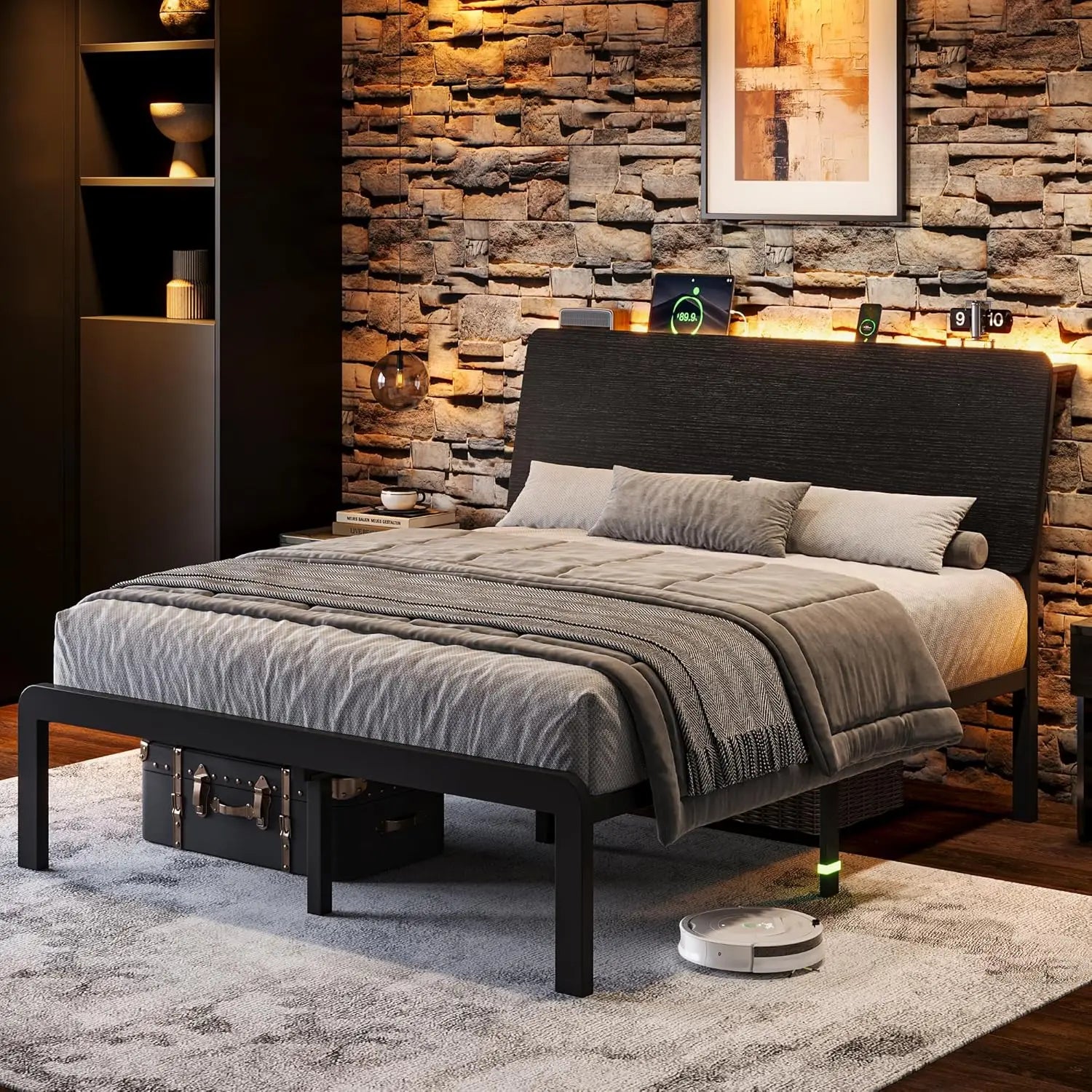 Full Bed Frame with Ergonomic Wooden Storage Headboard, LED Bed Frame with Charging Station, 12" UnderBed Storage,, Customized