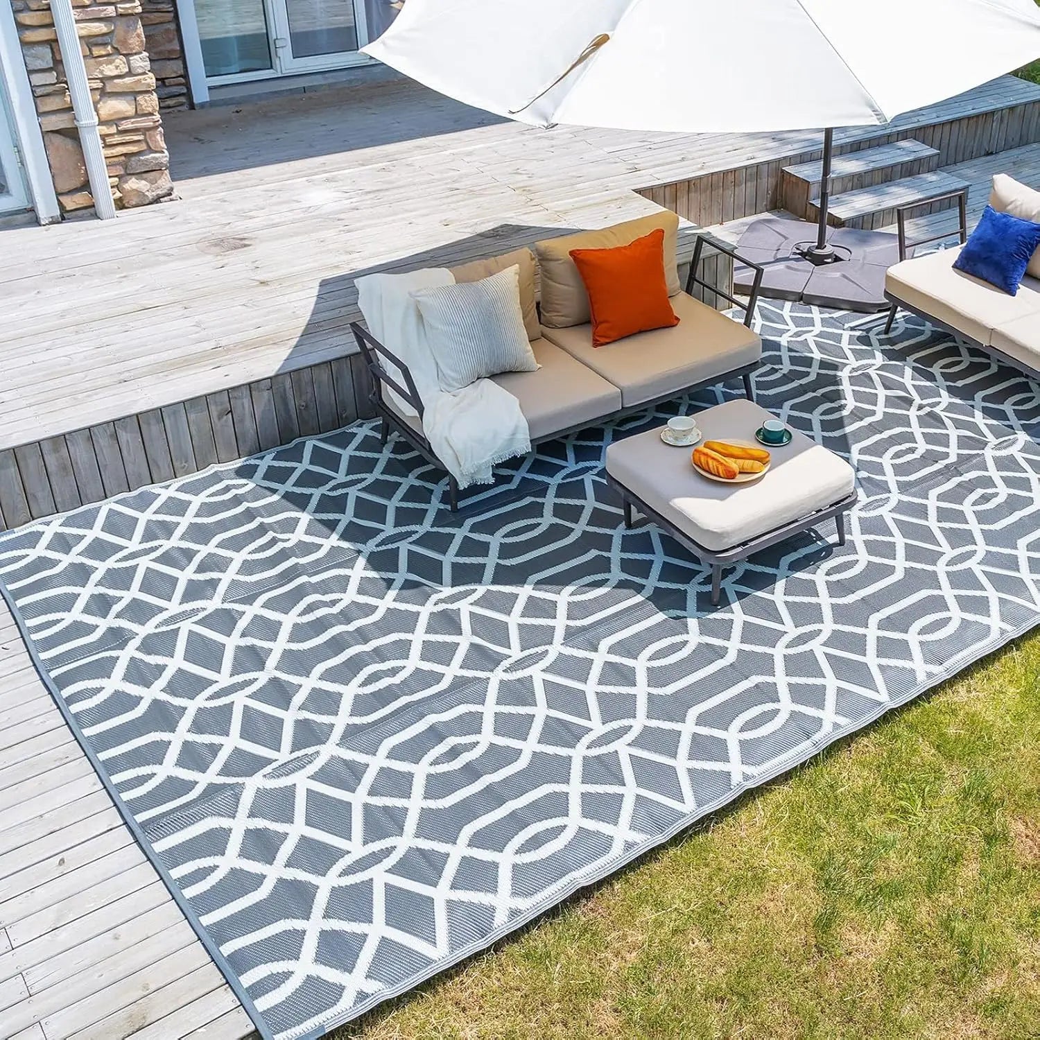 5x8ft Waterproof Reversible Outdoor Rug, Ideal for Patio Deck Pool Camping Beach Picnic in Grey