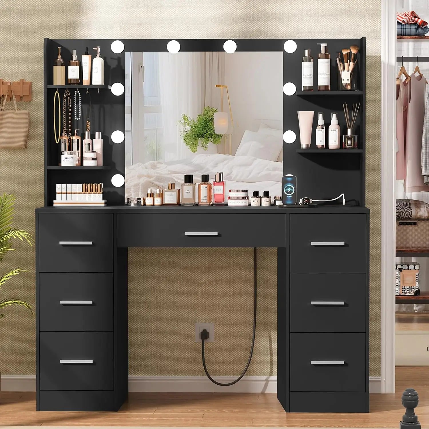 Large Vanity Desk with LED Mirror & Power Outlet 7 Drawers 4 Shelves 5 Hooks Bedroom Bathroom White, Customized