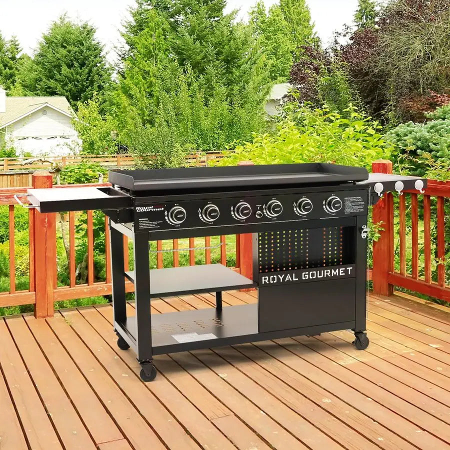 Gas Griddle Grill w/ Folding Tables, 6-Burner Double Bottom Shelves