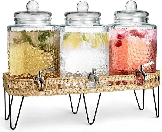 Drink Dispenser, 1.5 Gal Glass 3-Pack W/ Stand