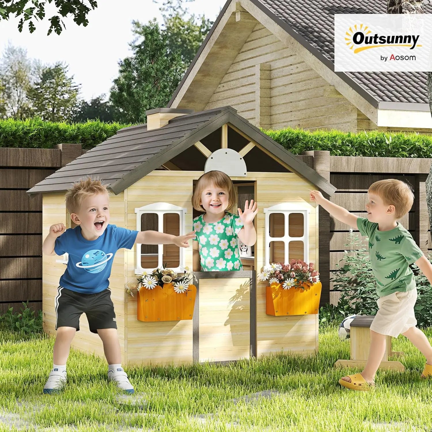 Wooden Playhouse for Kids Outdoor Garden Pretend Play Games, Adventures Cottage, with Working Door, Windows, Bench,, Customized