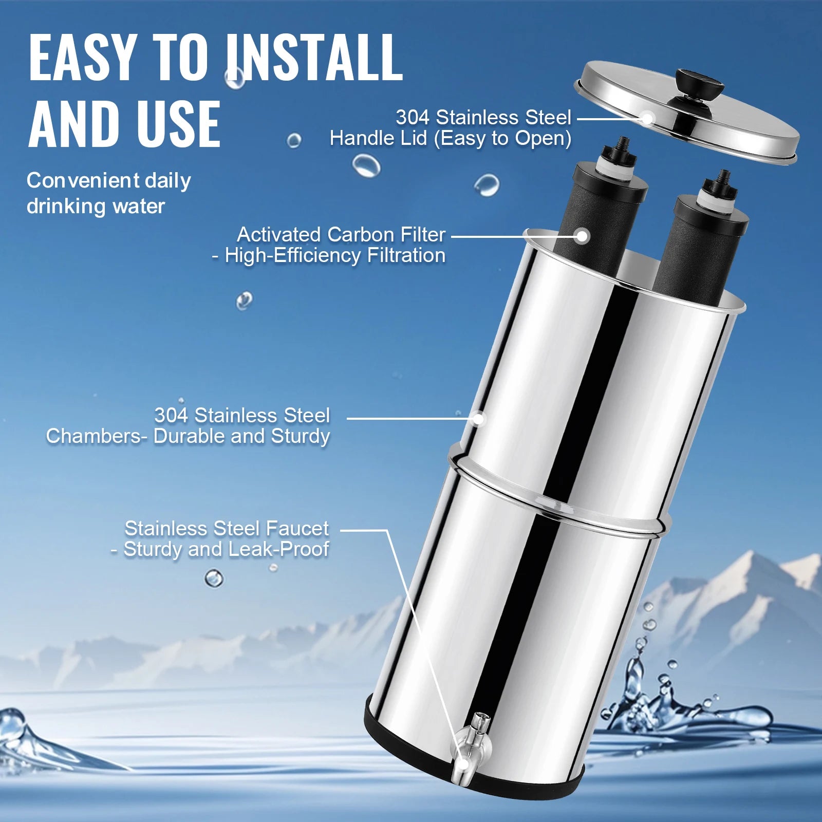 Water Filter System, Stainless Steel, 2 Carbon Filters
