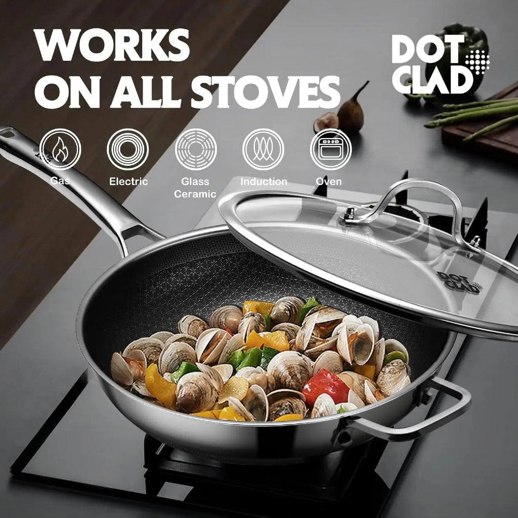 Wok Pan w/ Glass Lid, Non-stick 12 In Stainless Steel Induction Oven Safe Dishwasher Safe