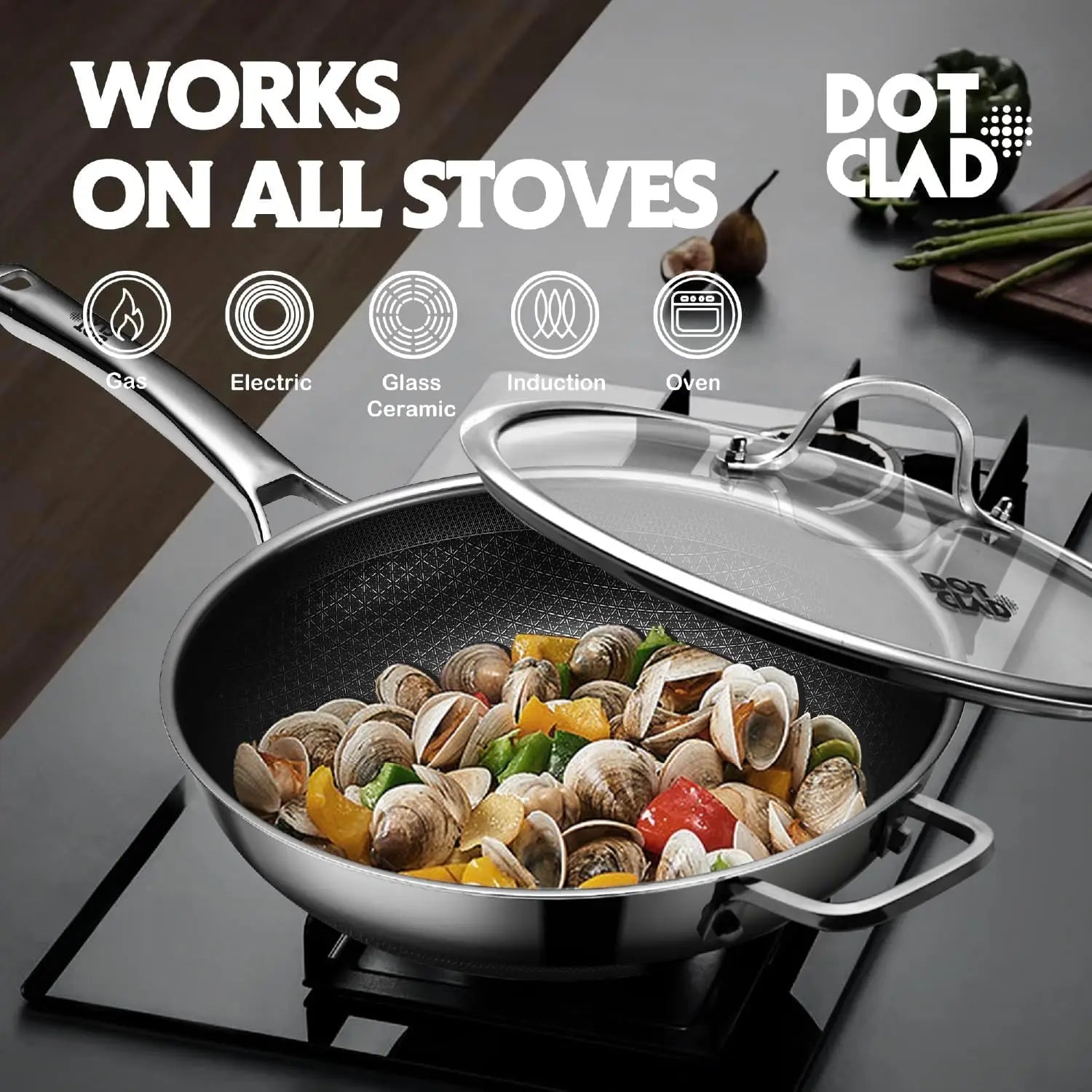 Wok Pan w/ Glass Lid, Non-stick 12 In Stainless Steel Induction Oven Safe Dishwasher Safe