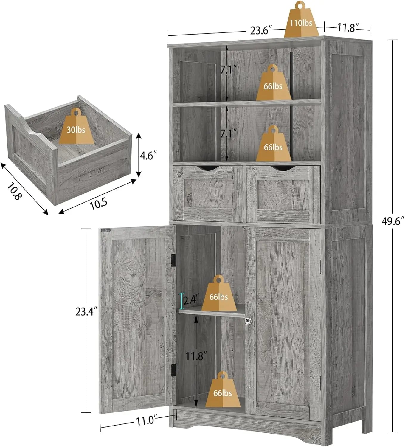 Tall Storage Cabinet with 2 Drawers, Adjustable Shelf, and Doors for Bathroom, Kitchen, Living Room - Grey