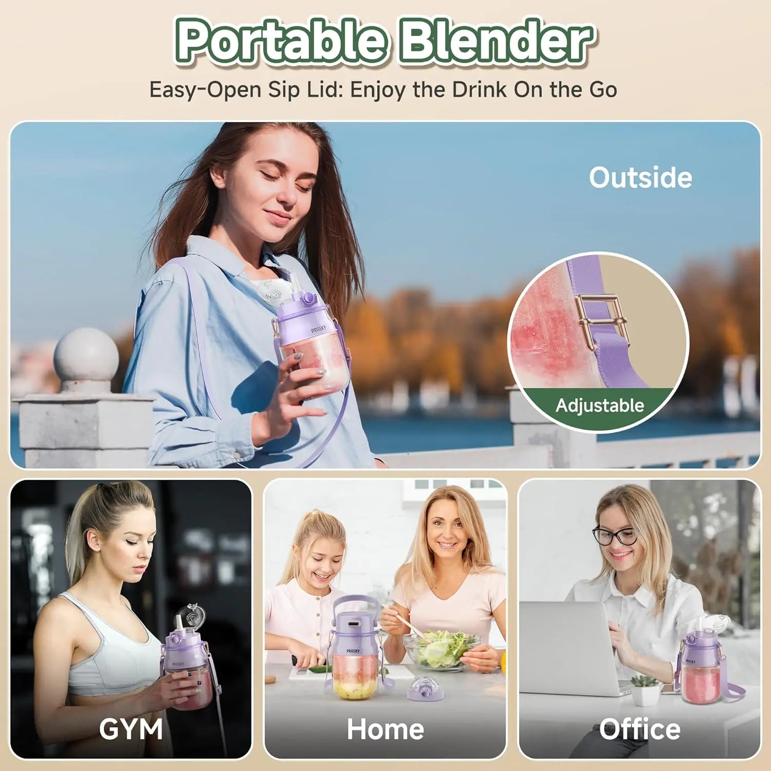 Blender w/ Lid & Strap, 27oz USB-C Rechargeable Smoothie BPA-Free, Purple