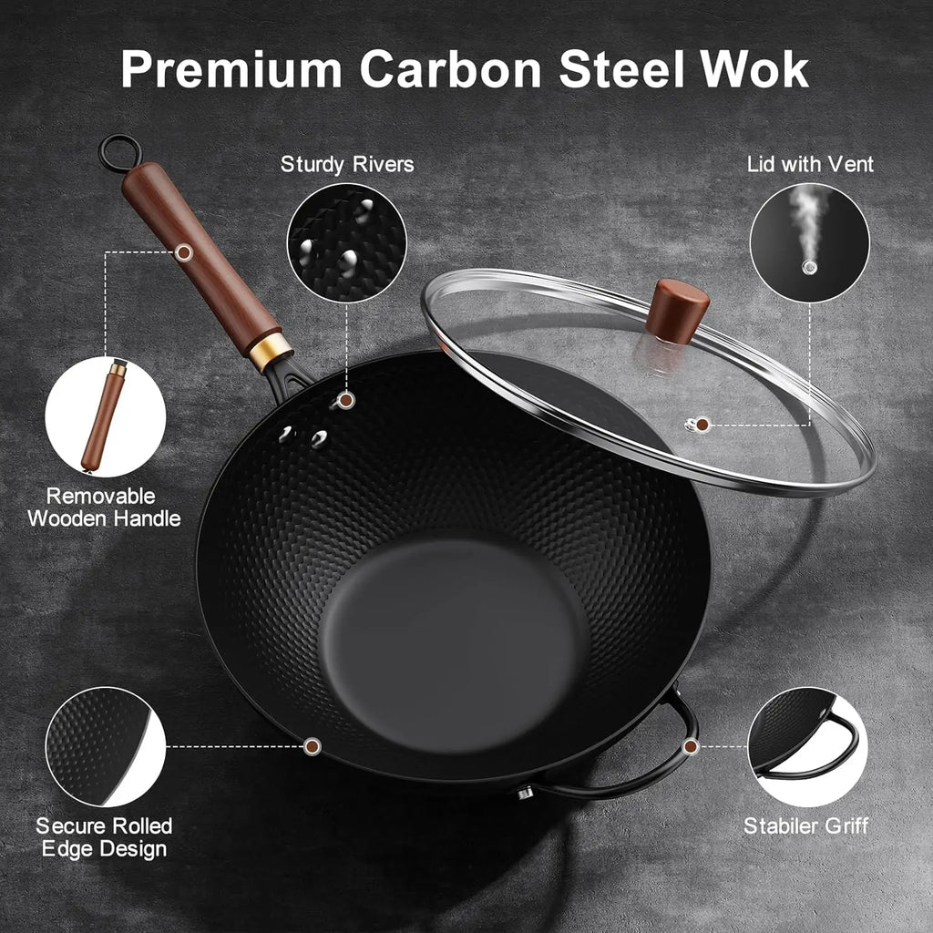 Wok Pan w/ Glass Lid, 13-In Steel Non-stick Induction Compatible