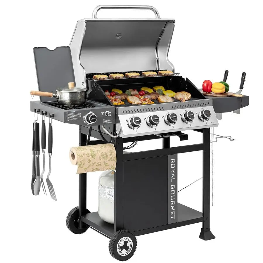 Gas Grill w/ 5-Burner BBQ Porcelain Enameled Cast Iron