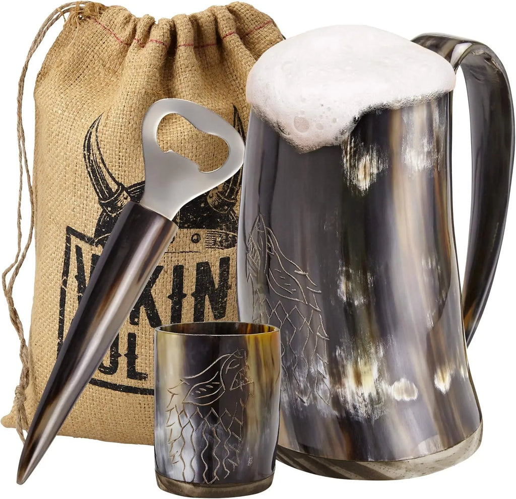 Ox Horn Tankard w/ Shot Glass, 16oz Bottle Opener & Gift Bag