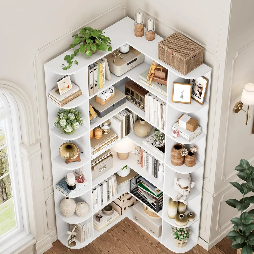 74” Tall Corner Bookshelf, 6-Tier Bookshelf and Bookcase with Open Storage, L Shaped Tall Bookcases Wooden Storage, Customized